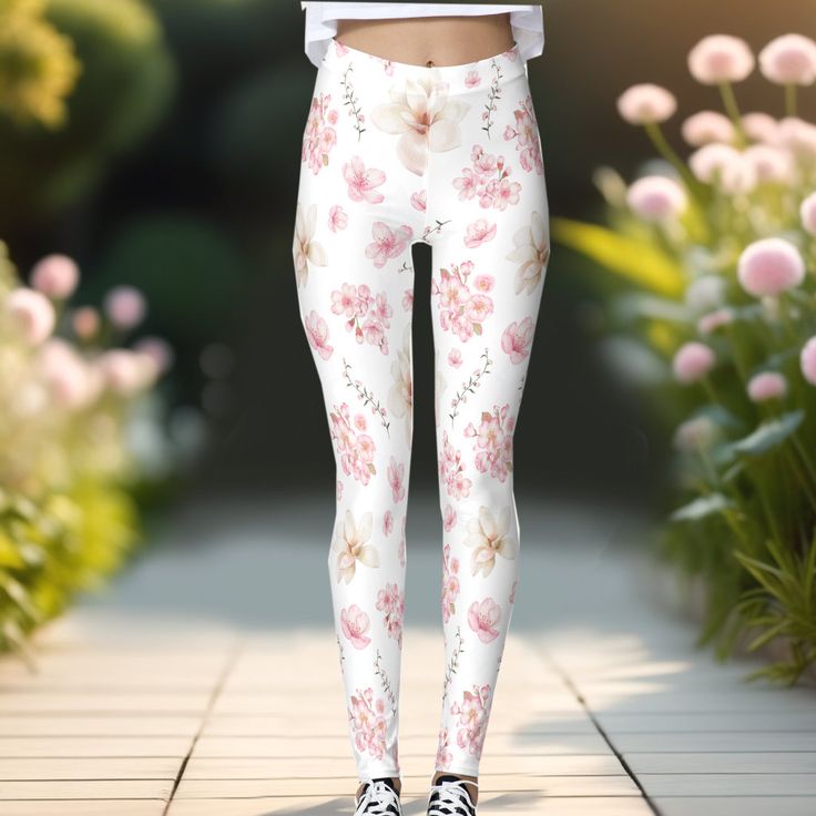 Like the first day of spring after a cold winter. Leggings for women and girls with a watercolor cherry blossom and magnolia floral pattern in pink and white. Add a fresh spring touch to your wardrobe with this stylish spring leggings. - Kate Eden Art Spring Printed White Pants, Spring White Floral Print Bottoms, Spring Printed Fitted Leggings, Printed Fitted Leggings For Spring, Casual Full-length Spring Leggings, White Stretch Bottoms With Floral Print, White Floral Print Stretch Bottoms, Stretch White Bottoms With Floral Print, Floral Print Leggings For Spring Loungewear