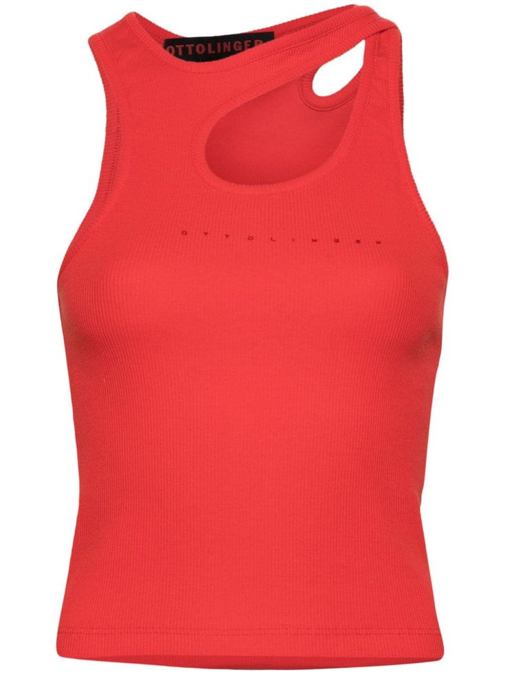 red stretch organic cotton ribbed knit logo print to the front crossover strap detail cut-out detailing crew neck sleeveless straight hem unlined This item is made from at least 50% organic materials. Red Seamless Sleeveless Tops, Casual Red Seamless Tops, Red Sleeveless Top With Seamless Construction, Red Sleeveless Tops With Seamless Construction, Sleeveless Red Tops With Seamless Construction, Sleeveless Red Seamless Tops, Denim Tank Top, Denim Tank, Knit Logo