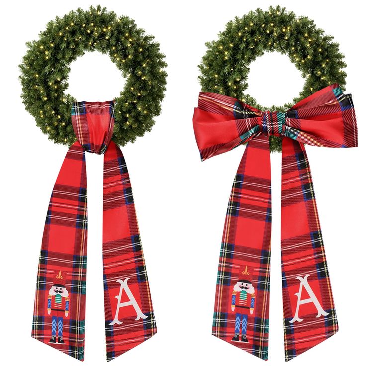 two christmas wreaths tied to each other with red and green plaid ribbon around them