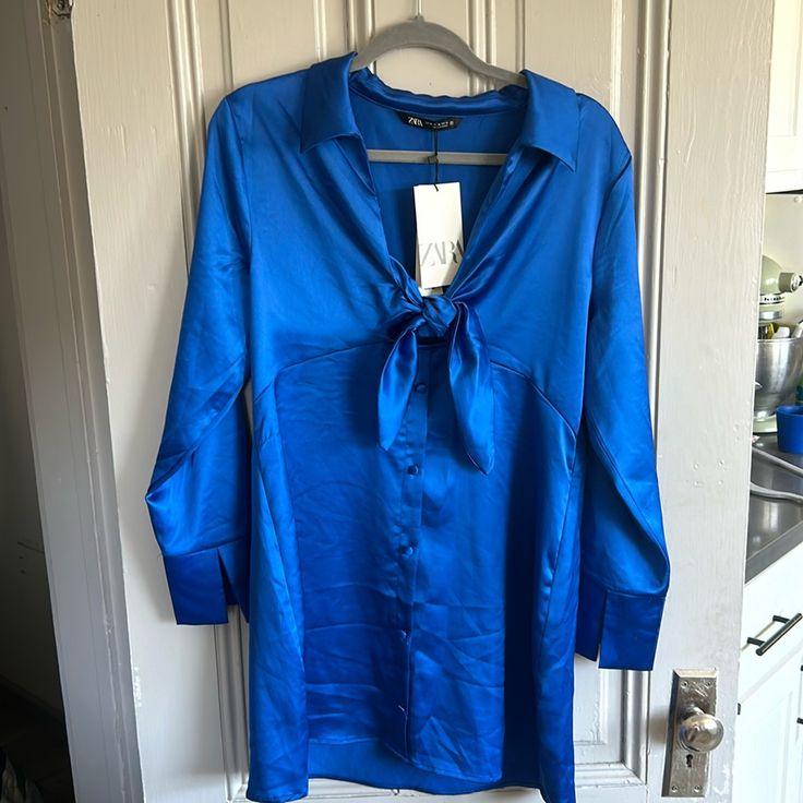 Zara Silky Cobalt Blue Dress Nwt Xl, Fits L Chic Blue Long Sleeve Shirt Dress, Chic Long Sleeve Blue Shirt Dress, Blue Long Sleeve Dress For Date Night, Casual Blue Shirt Dress For Party, Blue Long Sleeve Shirt Dress, Blue Mini Shirt Dress For Casual Wear, Casual Blue Mini Shirt Dress, Long Sleeve Blue Shirt Dress, Chic Blue Shirt Dress For Party