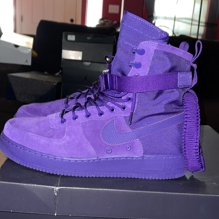 “Court Purple“ Sf Af1 Nike Size 15 Purple Suede With Army Band Straps Worn Once For A Photo Shoot Perfect Condition Nike Air Force 1 Purple Lace-up For Sports, Nike Athleisure Custom High-top Sneakers, Nike Custom Lace-up Athleisure Sneakers, Custom High-top Sneakers With Laces For Athleisure, Purple Nike Air Force 1 Lace-up With Branded Insole, Casual Nike Air Force 1 In Purple, Purple Nike Air Force 1 For Sports, Purple Nike Air Force 1 Lace-up For Sports, Nike Air Force 1 Purple With Round Toe