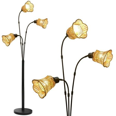 three lamps that are sitting on top of a black stand and one is turned upside down