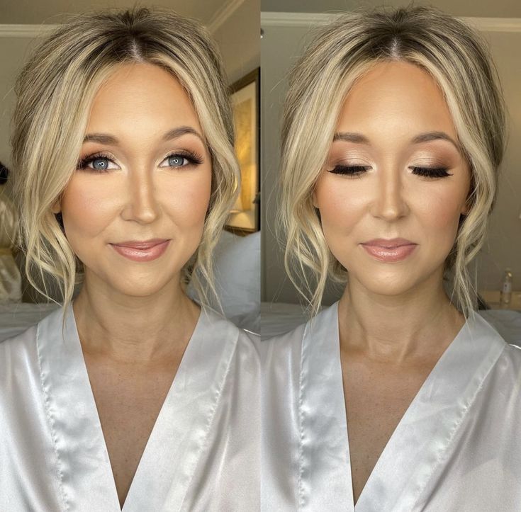 a woman with blonde hair wearing a white robe and makeup looks at the camera while she is getting ready for her wedding