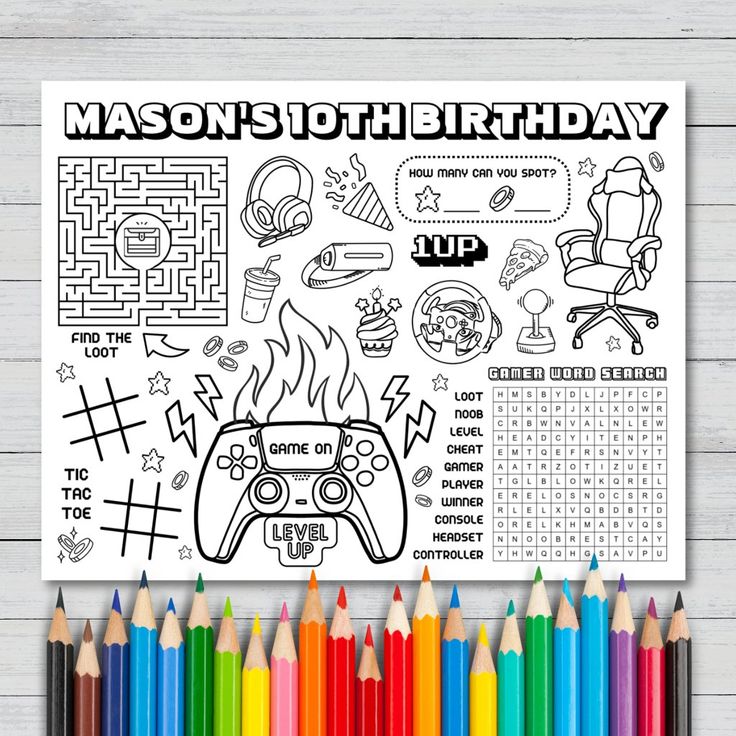 a coloring page with the words mason's 10th birthday next to colored pencils