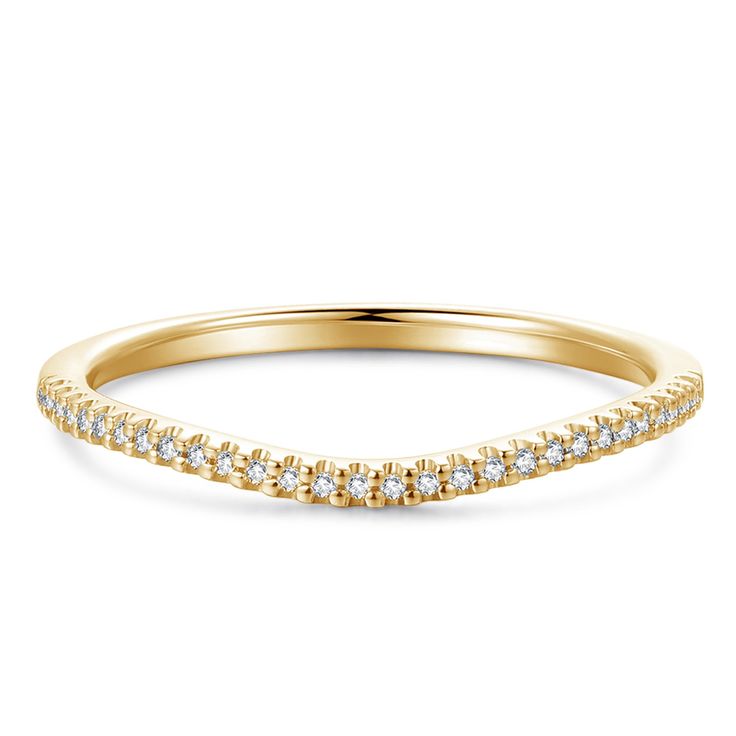 a yellow gold wedding band with white diamonds on the sides and a curved design in the middle