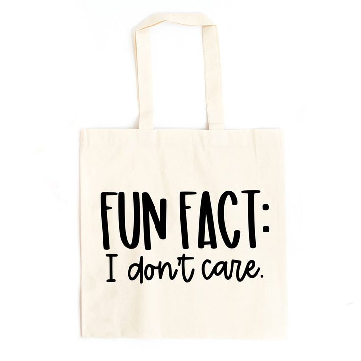 Looking for a cute tote bag to carry all your essentials this summer? This cute Fun Fact I Don't Care bag will be perfect to add to your collection. Perfect for a day at the beach or every day life! Fun Cotton School Bags, Fun Tote Bags For School, Playful Tote Beach Bag For Shopping, Fun Tote Beach Bag For Shopping, Fun Beach Tote Bag For Shopping, Fun Shoulder Bag For Daily Use As Gift, Cute Canvas Bag With Letter Print For Travel, Fun White Bags For Shopping, Fun Everyday Tote Bags