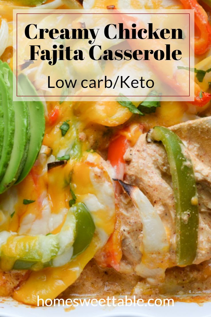 creamy chicken fajita casserole in a white bowl with avocado