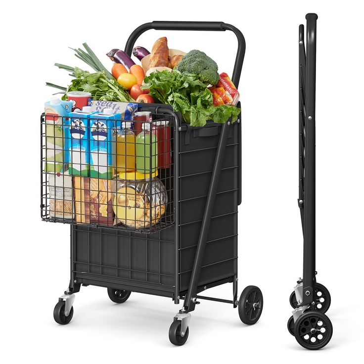 a shopping cart filled with groceries next to a hand truck full of vegetables and fruit