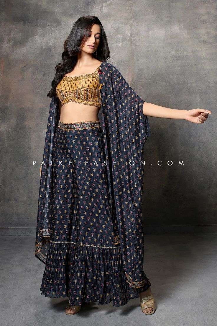 Vibrant Crop Top Palazzo Outfit with Printed Shrug – Palkhi Fashion Bohemian Palazzo Set With Mirror Work For Diwali, Maxi Length Sets With Gota Work For Navratri, Navratri Maxi Sets With Gota Work, Navratri Gota Work Maxi Length Sets, Bohemian Palazzo Set With Mirror Work For Designer Wear, Bohemian Georgette Maxi Sets, Bohemian Sets With Gota Work For Navratri, Unstitched Bohemian Lehenga In Georgette, Bohemian Georgette Palazzo Set For Festive Occasions