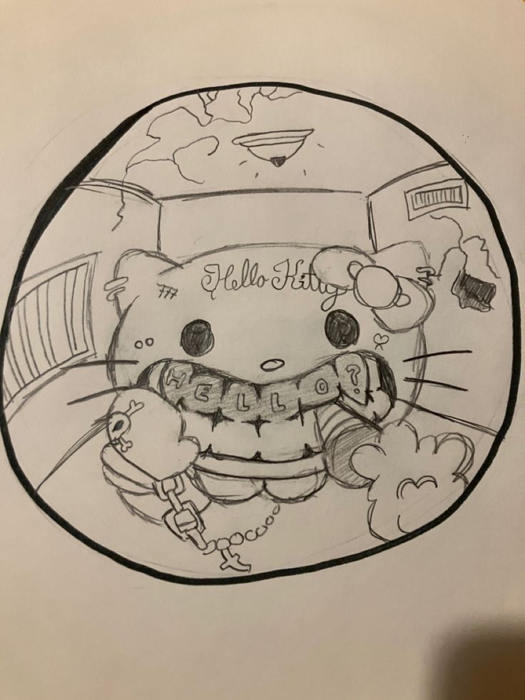 a drawing of a hello kitty sitting on top of a table