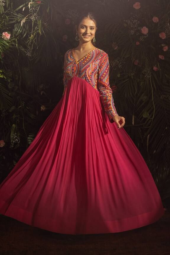 Hot pink anarkali with multicolor thread, mirror embroidery in geometric pattern. Paired with dupatta. - Aza Fashions Multicolor Semi-stitched Anarkali Set For Designer Wear, Bollywood Style Multicolor Georgette Anarkali Set, Multicolor Floor-length Churidar For Festive Occasions, Party Multicolor Kurta With Sheer Dupatta, Multicolor Wedding Churidar For Transitional Season, Festive Multicolor Floor-length Churidar, Multicolor Long Sleeve Festive Gown, Designer Multicolor Anarkali Set With Zari Work, Designer Multicolor Salwar Kameez With Cutdana