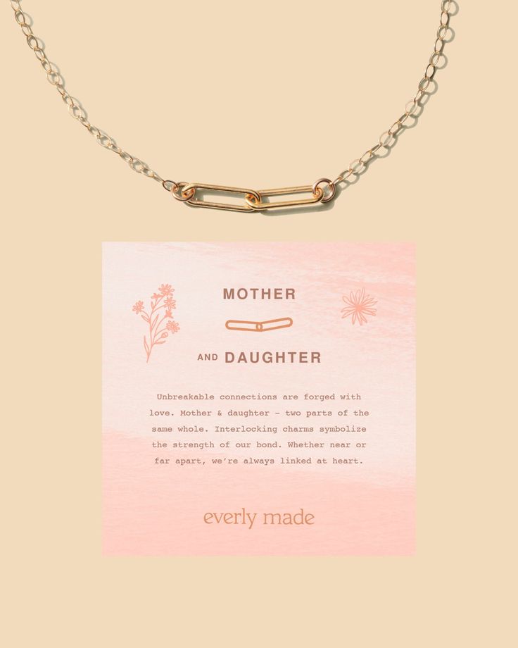 "unbreakable connections are forged with love. mother & daughter--two parts of the same whole. interlocking charms symbolize the strength of our bond. whether near or far apart, we're always linked at heart. this is the chic mother & daughter necklace you've been looking for! choose up to 8 links to symbolize each person in your family. details: sterling silver, 14kt gold filled or 14kt rose gold filled * 16\" + 2\" extender * comes with product meaning card & in its own gift box * cable chain w Mother's Day Birthday Charm Necklace With Lobster Clasp, Dainty Everyday Charm Necklaces For Mother's Day, Minimalist Paperclip Chain Jewelry For Mother's Day, Adjustable Meaningful Necklaces For Mother's Day, Meaningful Adjustable Necklace For Mother's Day, Rose Gold Adjustable Necklace For Mother's Day, Mother's Day Rose Gold Adjustable Necklace, Mother's Day Gift Necklace With Paperclip Chain, Clavicle Chain Jewelry Gift For Mom