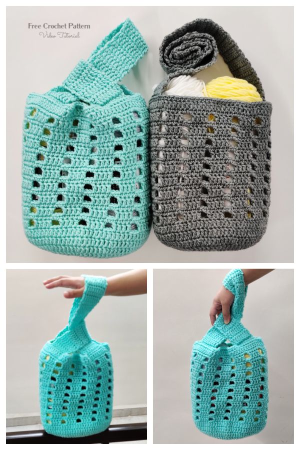 crocheted shopping bags with handles are shown in three different pictures