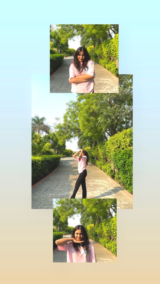 three pictures of a woman standing on the side of a road with trees in the background