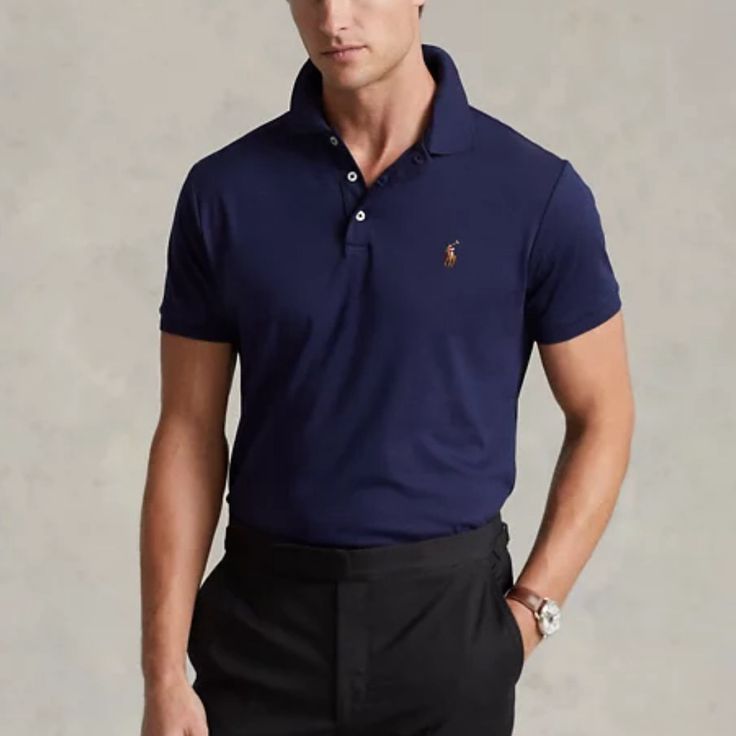 Ralph Lauren Core Replen Polo Color: French Navy Classic Fit Ribbed Polo Collar. Three-Button Placket Short Sleeves With Ribbed Armbands Multicolored Signature Embroidered Pony At The Left Chest Machine Washable. Imported Smoke Free Home Fitted Blue Button-up Polo Shirt, Classic Blue Button-up Polo Shirt, Classic Blue Polo Shirt With Buttons, Blue Fitted Polo Shirt For Business Casual, Fitted Blue Polo Shirt For Business Casual, Classic Fitted Blue Polo Shirt, Classic Blue Polo Shirt For Formal Occasions, Elegant Blue Polo Shirt For Workwear, Elegant Blue Polo Shirt For Work