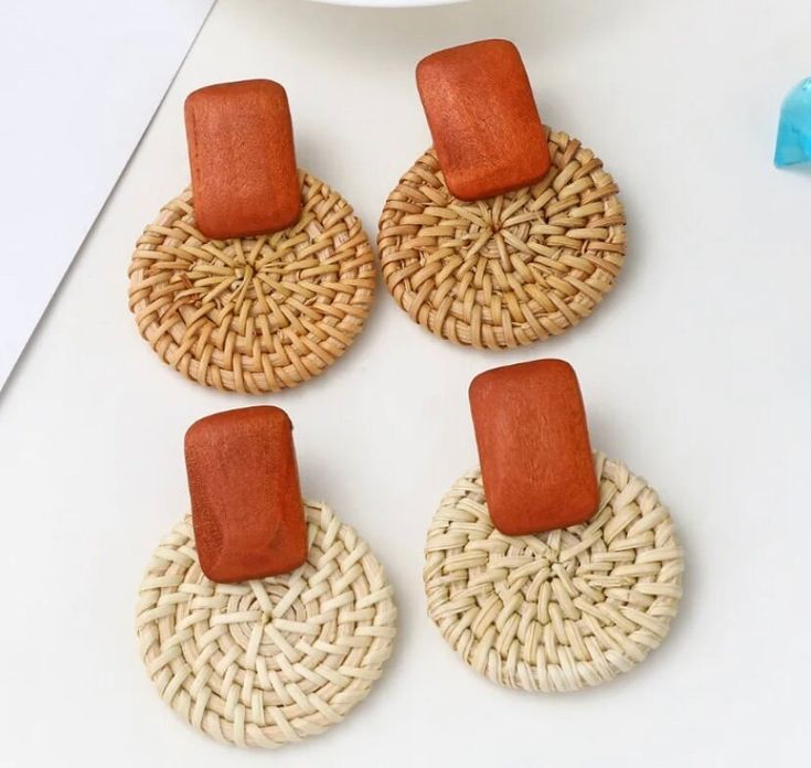 Wooden woven earrings in cream/Tan & beige/Tan  natural look Beige Woven Jewelry For Vacation, Bohemian Brown Round Earrings, Brown Bohemian Round Earrings, Handmade Cream Earrings For Beach, Bohemian Woven Earrings For Vacation, Trendy Woven Earrings, White Handwoven Earrings For Summer, Bohemian Beige Earrings For Vacation, Beige Bohemian Earrings For Vacation