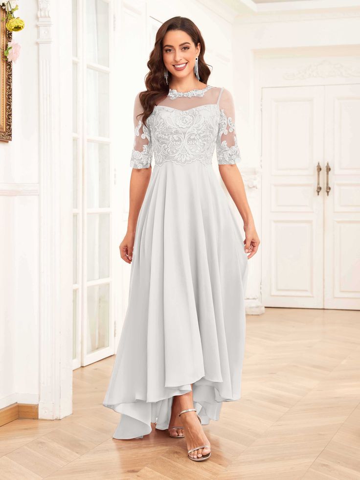 #color_Ivory Flowy Chiffon Dress For Wedding Or Prom, Elegant Sheer Evening Dress For Bridesmaids, Floor-length Chiffon Prom Dress With Sheer Bodice, Flowy Georgette Mother Of The Bride Dress For Wedding, Chiffon Evening Dress With Sheer Bodice For Prom, White Chiffon Banquet Dress, Flowy Georgette Chiffon Dress For Wedding, Elegant Wedding Mesh Dress With Sheer Sleeves, White Sheer Dress For Prom Season