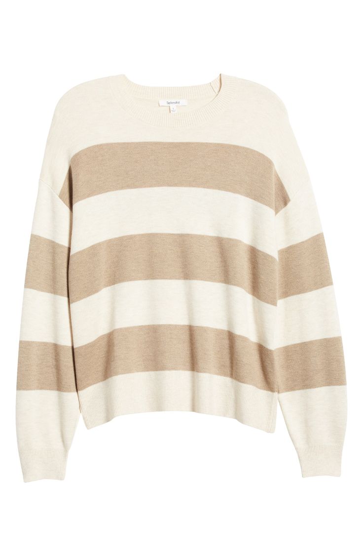 Wide stripes course across a wool-kissed sweater knit with dropped shoulders and a chunky crewneck. 23 1/2" length (size Medium) Crewneck Long sleeves Dropped shoulders Ribbed cuffs and hem 54% polyester, 20% acrylic, 20% nylon, 6% wool Dry clean Imported Oversized Neutral Crew Neck Sweater, Neutral Crew Neck Sweater With Textured Knit, Neutral Knit Relaxed Fit Sweater, Neutral Crew Neck Knit Top For Fall, Neutral Knit Top For Fall, Beige Pullover, Raglan Pullover, Wide Stripes, Komplette Outfits