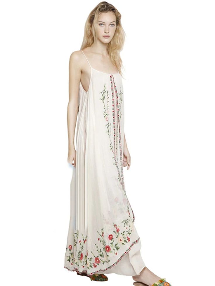 Introducing the Dress Josephine, the perfect summer dress with retro national wind design and delicate flower embroidery. Travel in style with this bohemian beach dress that comes with a halter belt for a flawless fit. Embrace the comfort and elegance of this must-have addition to your wardrobe. Summer Beachwear Dress With Floral Embroidery, Floral Embroidery Sundress Maxi For Summer, Floral Embroidery Sundress For Summer, Embroidered Spaghetti Strap Summer Dress, Chic Floral Embellished Maxi Dress For Spring, Elegant Floral Embellished Maxi Dress For Summer, Spring Boho Sundress For Garden Party, Summer Embroidered Halter Neck Dress, Spring Embroidered Beachwear Maxi Dress