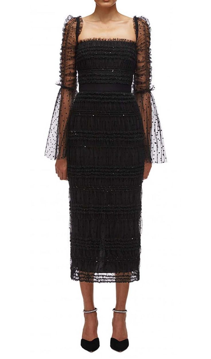 The DOT MESH MIDI DRESS IN BLACK is the perfect dress for a night out on the town. The fitted silhouette and mesh fabric will make you feel confident and sexy. The black color is versatile and can be dressed up or down. Gentle Dry Clean Only Colour may vary due to lighting on images. The product images (without model) are closest to the true colour of the product.Item runs true to size chart and is cut to suit our size chart. Please refer to our size chart for the best fit. Do not size up or dow