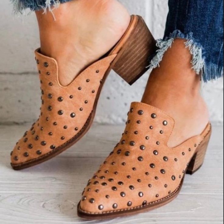 Brand New Studded Mule Style Booties Trendy Flat Heel Mules For Fall, Brown Flat Heel Mules For Spring, Casual Fall Heels With Flat Heel, Casual Flat Heel Heels For Fall, Brown Pointed Toe Mules For Summer, Trendy Brown Closed Toe Mules, Casual Beige Block Heel Mules, Trendy Beige Mules For Fall, Casual Fall Mules With Stacked Heel