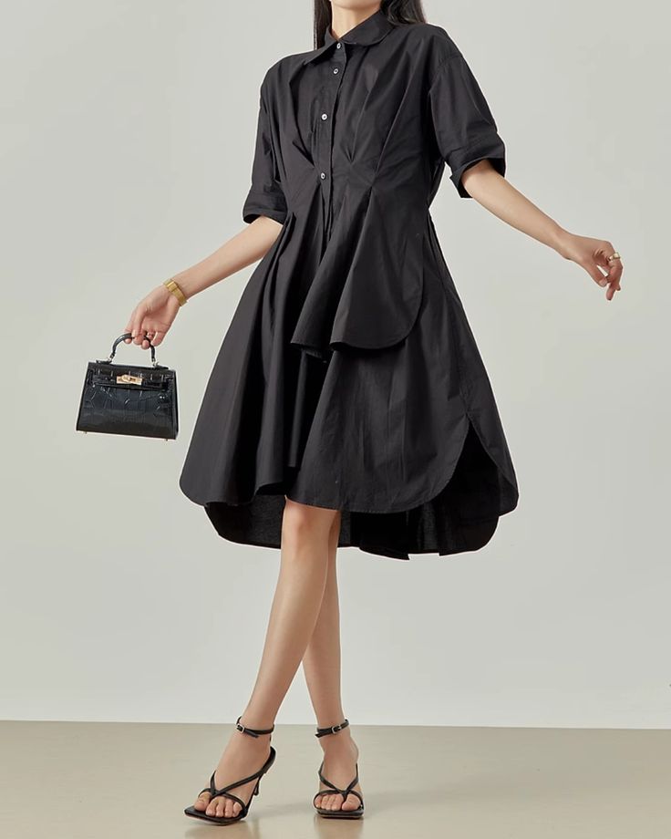 This shirt dress has just the right length to make you look neat and elegant.

The silhouette spreads out toward the hem for an elegant impression.

This is a recommended item that will complete your outfit with just one piece.
◾️Model
Height/Weight：167cm(65.7in)/45kg(99.2lb)
Fitting Size：S





Cm
(inches)

Length
Chest
Shoulder
Waist
Sleeve Length


S
100(39.3)
88(34.6)
51.9(20.4)
81(31.8)
23.8(9.3)


M
103(40.5)
92(36.2)
53.5(21.0)
85(33.4)
24.5(9.6)


L
106(41.7)
96(37.7)
55.1(21.6)
89(35.0 Chic Solid Color A-line Shirt Dress, Spring Office Shirt Dress With Asymmetrical Hem, Asymmetrical Hem Shirt Dress For Spring Formal, Elegant Short Sleeve Shirt Dress In Solid Color, Elegant Solid Color Short Sleeve Shirt Dress, Elegant Short Sleeve Solid Color Shirt Dress, Chic Solid A-line Shirt Dress, Solid Color Midi Shirt Dress For Office, Elegant Shirt Dress With Asymmetrical Hem