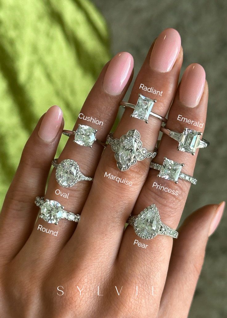 a woman's hand with five different engagement rings on it and the names of each ring