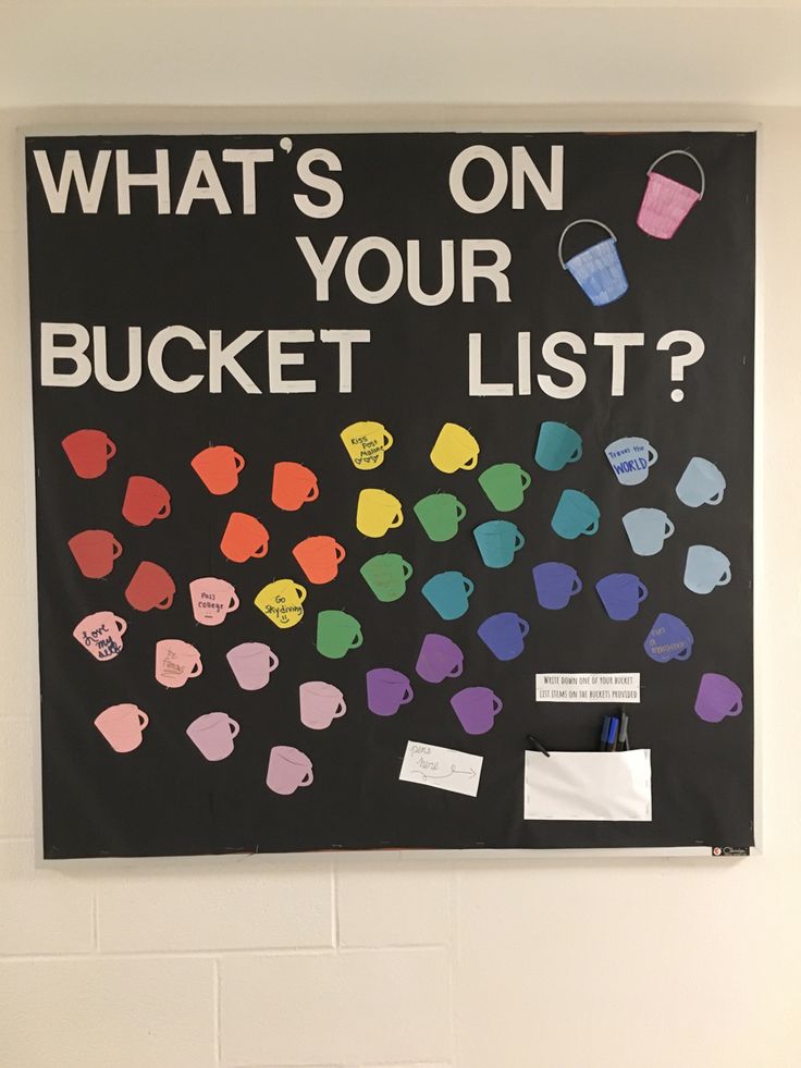 a bulletin board that says what's on your bucket list? with different colors and shapes