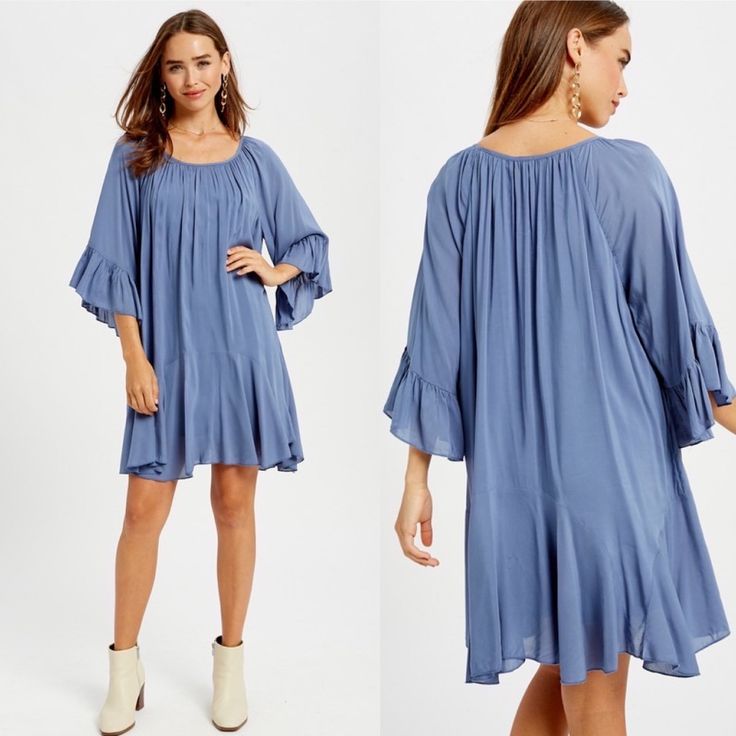 Adorable Flounce Sleeve Swing Blue Dress For The Summer Days! - Softest Rayon, Feels Silky And Light. - Round Neck - Ruffles On Sleeve And Bottom Hem - 3/4 Bell Sleeves - Lined - Models Are Wearing A Size Small ( 5.7" Tall) S: Length: 35" Approx. ( Irregular Edge) Roomy In Bust Area. Bohemian Style Dress For Your Get Away. Blue Flowy Mini Dress For Fall, Blue Shift Mini Dress For Summer, Flowy Blue Dress For Fall, Chic Blue Shift Mini Dress, Blue Bohemian Shift Mini Dress, Light Blue Flowy Mini Dress For Brunch, Flowy Blue Brunch Dress, Blue Flowy Dress For Brunch, Blue Shift Mini Dress