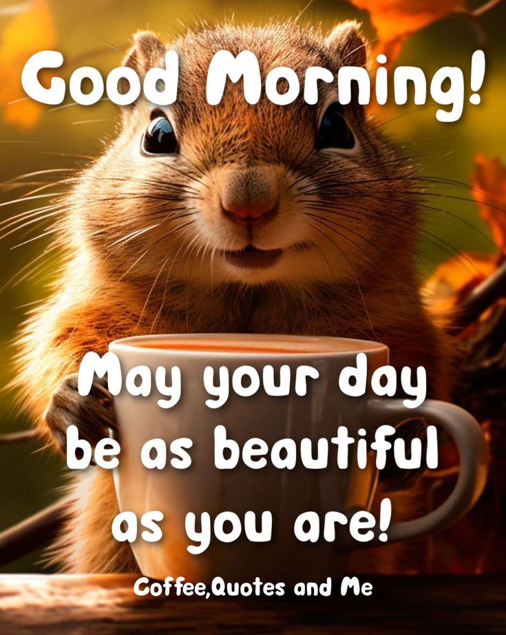 a squirrel holding a coffee cup with the caption good morning may your day be as beautiful as you are