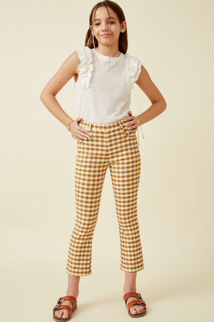 Button Closure Stretch Checkered Pants Stretchy Woven Fabric Elastic Waistband Front Pockets Stretch Pants With Button Closure For Summer, Casual Plaid Bottoms With Button Closure, Plaid Stretch Trousers, Plaid Stretch Cotton Bottoms, Stretch Plaid Cotton Bottoms, Plaid Straight Pants For Summer, Plaid Ankle-length Pants For Spring, Spring Plaid Ankle-length Pants, Plaid Trousers For Spring