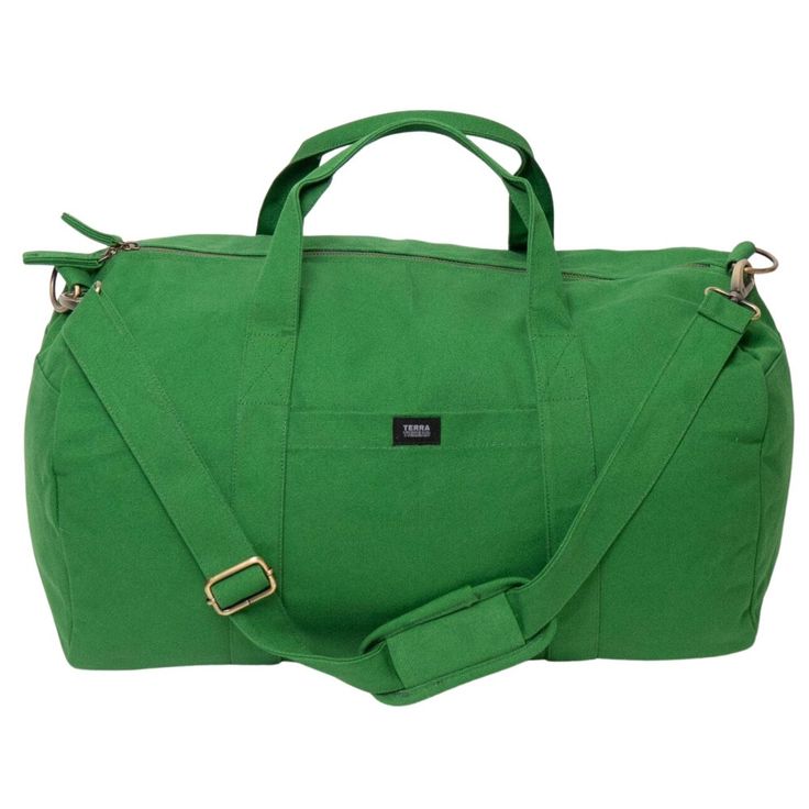 a green duffel bag on a white background