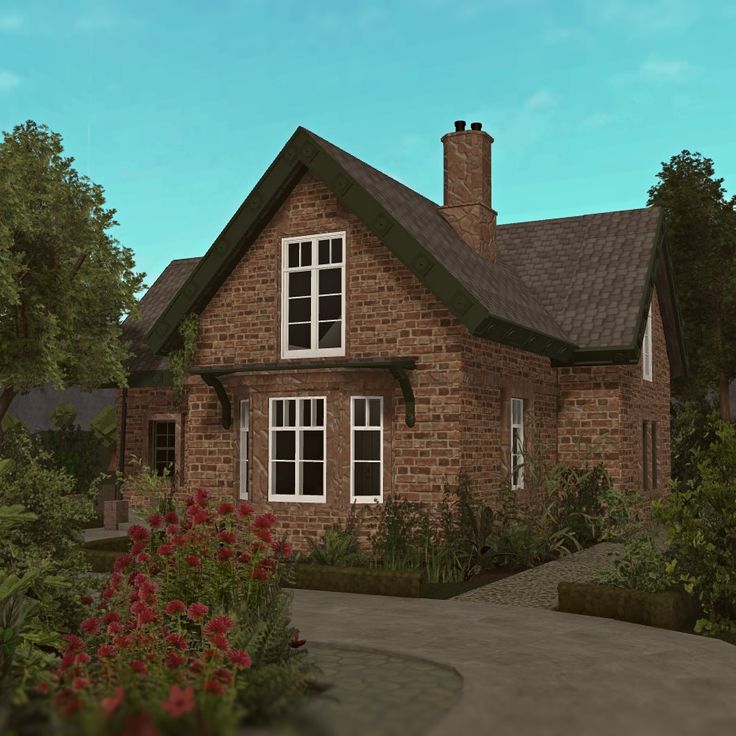 a small brick house surrounded by trees and flowers