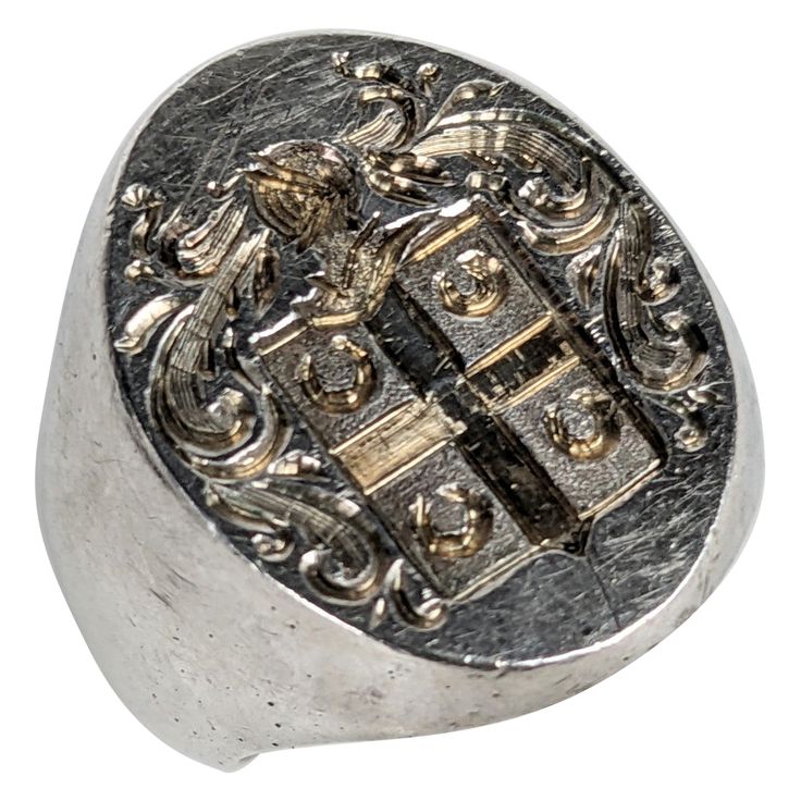 Massive Antique Sterling Signet Ring from the 1940's for instant old world vibes. Elegant armorial crest design which is crisp and unscratched. Super heavy quality sterling shank. Large imposing face measures 7/8" x 5/8". Size 9. Great for men or women, 1940's USA. Crest Design, Signet Ring, Old World, Jewelry Rings, Jewellery Rings