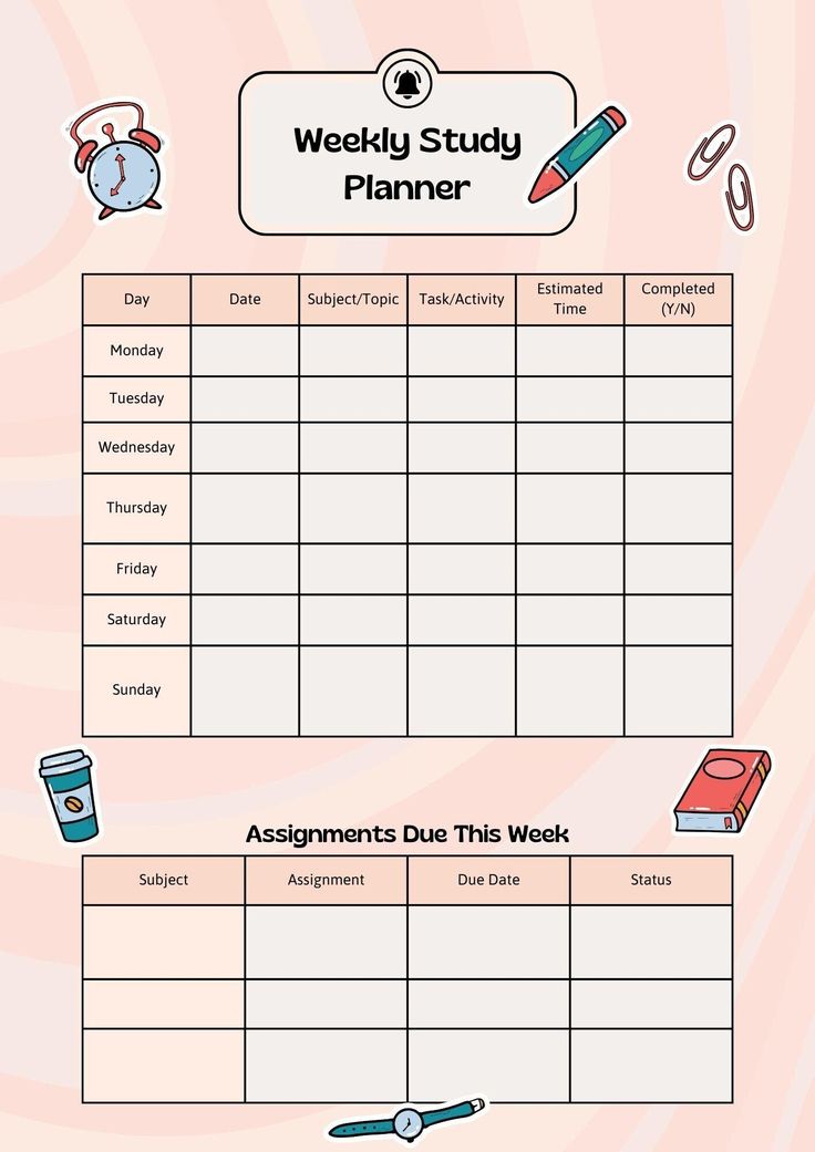 the weekly study planner is shown in this graphic style, with different items on it