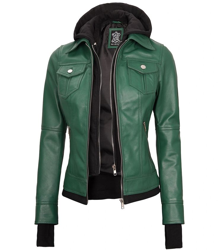 Women’s Green Leather Bomber Jacket
Revitalize your wardrobe with our Women's Green Fitted Bomber Leather Jacket. Tailored for a sleek fit, it exudes style and comfort. The removable hood adds versatility, allowing you to effortlessly transition from day to night. Elevate your fashion game with this chic and dynamic statement piece. Fitted Biker Jacket With Pockets For Outdoor, Fitted Hooded Biker Jacket With Pockets, Winter Fitted Biker Jacket With Double-lined Hood, Fitted Biker Jacket With Double-lined Hood For Fall, Winter Biker Jacket With Double-lined Hood, Fall Hooded Leather Jacket With Padded Collar, Fitted Leather Outerwear With Double-lined Hood, Fitted Leather Jacket With Detachable Hood For Fall, Fitted Biker Jacket With Detachable Hood For Winter