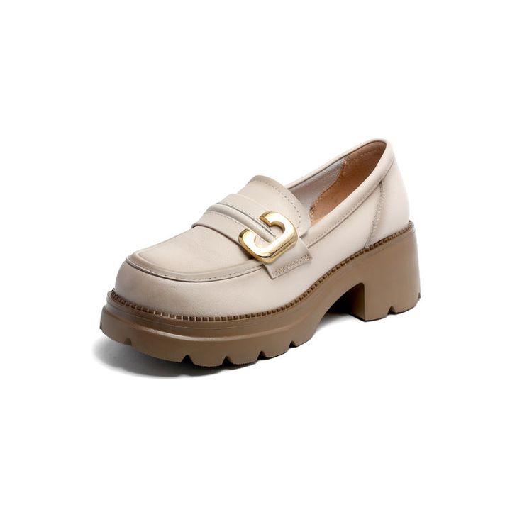 Women Retro Leather Chunky Lug Sole Loafers-RAIIFY Beige Slip-ons With Leather Sole And Round Toe, Chunky Platform Loafers With Round Toe, Beige Round Toe Loafers With Rubber Sole, Beige Flat Heel Platform Loafers For Office, Fall Platform Loafers Flat, Trendy Beige Leather Loafers, Beige Platform Loafers For Office, Leather Chunky Platform Slip-on Loafers, Trendy Slip-on Platform Loafers With Metal Feet