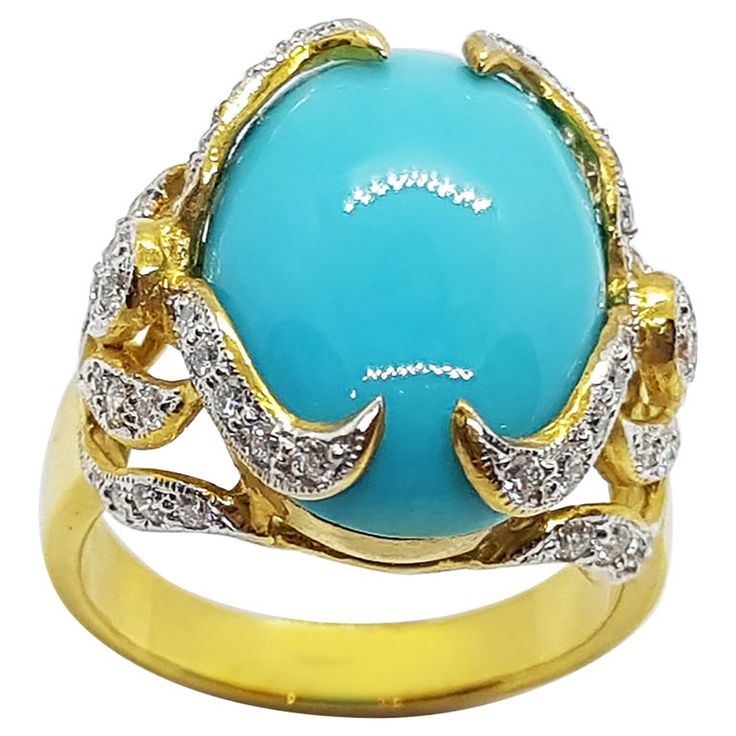 Luxury Turquoise Jewelry With Center Stone, Turquoise Diamond Ring With Center Stone, Luxury Turquoise Diamond Ring As Gift, Luxury Turquoise Gemstone Ring, Blue Diamond Cabochon Ring, Blue Cabochon Diamond Ring, Blue Diamond Ring With Cabochon Cut, Fine Jewelry Hallmarked Turquoise Ring In Yellow Gold, Fine Jewelry Hallmarked Yellow Gold Turquoise Ring