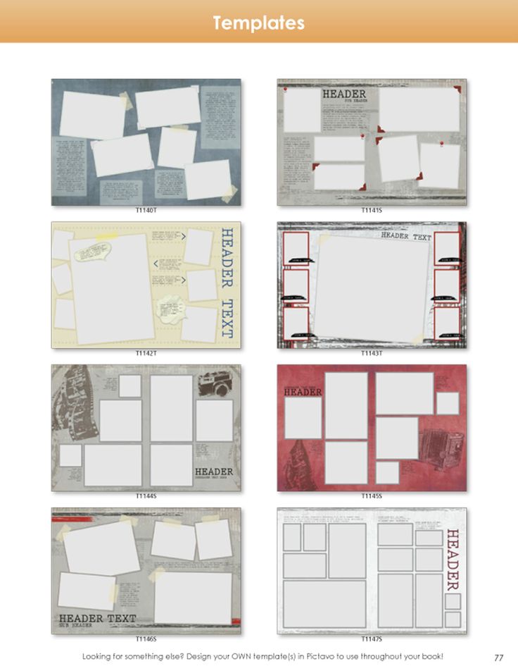 several different layouts for an album or scrapbook, with the text'templates'in red and white