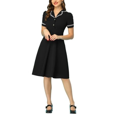 This dress is made up of several design points: peter pan collar, ruffled trim, short sleeve, fit and flare. Suit for summer and for many occasions, such as office, work and casual wearing. Wear it with your high heels for a full casual look. Fabric Details: 95% Polyester, 5% Spandex; Machine Wash Cold with Like Color. MODEL SHOW: Regular Fit. Wear in size XS. Measurement (in inches) International Size-----Chest Girth------Waist Girth------Shoulder Width------Total Length XS-----------33 1/2-----------26 3/4------------13 5/8----------38 1/8 S-------------35 3/8-----------28 3/4------------14 1/8----------38 5/8 M------------37 3/8-----------30 3/4------------14 5/8----------39 L-------------40 1/2-----------33 7/8------------15 1/2----------39 5/8 XL-----------43 3/4-----------37 -------- All Black Dress, Suit For Summer, Bohemian Floral Dress, Women Dresses Casual Summer, Collar Dresses, All Black Dresses, Boho Beach Dress, Peter Pan Collar Dress, Floral Dresses Short