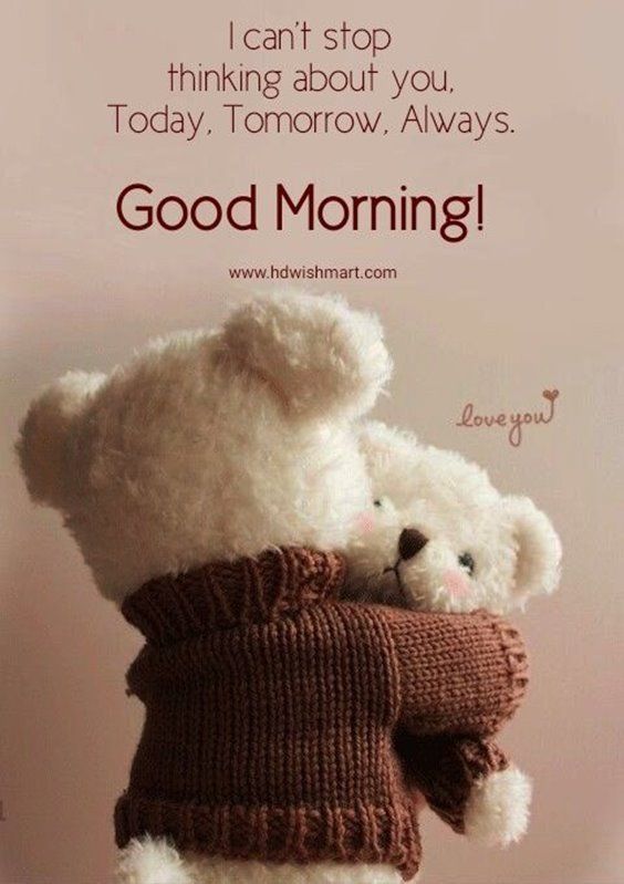 two teddy bears hugging each other with a good morning message