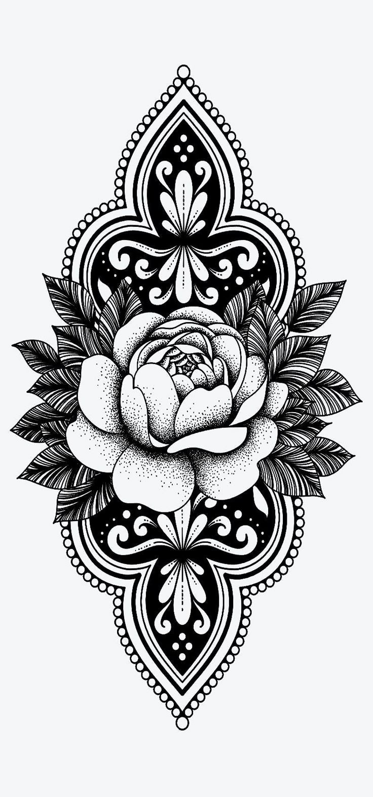 a black and white drawing of a rose with leaves on it's petals, in an ornate pattern