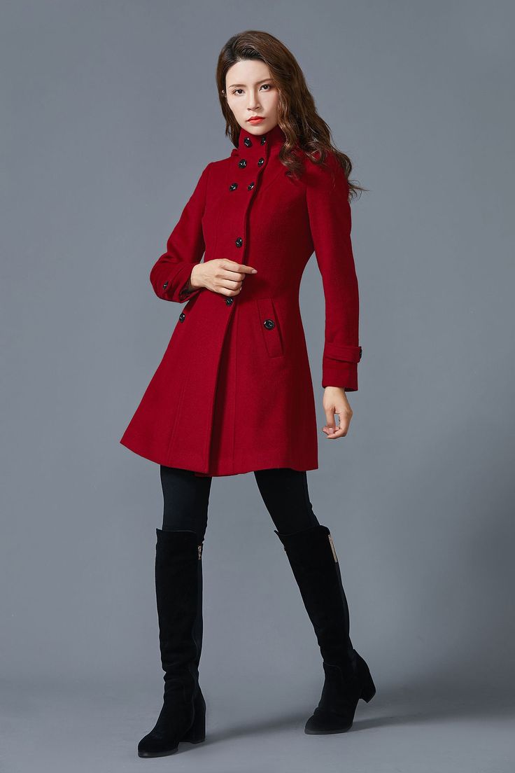 The wine red coat design made of simple style. Fit and flare style is always popular with women. The winter coat is a beauty overcoat for the coming winter. The simple design let this coat better beautiful. I suggest dry clean for winter wool clothing, it is good for save clothing. you also can wash by your hand if you want. FEATURES 60% wool, other fiber,nylon Polyester lining Hooded coat in red Buttons closure Long sleeve Two pockets Regular fit Above knee length Hood accept free to remove Per Winter Long Sleeve Solid Color Wool Coat, Solid Single-breasted Sweater Coat For Winter, Buttoned Wool Coat For Fall, Wool Coat With Buttons For Fall, Solid Wool Coat With Buttons For Fall, Winter Wool Coat With Stand Collar, Single Breasted, Fitted Wool Coat With Stand Collar For Fall, Fitted Long Wool Coat In Solid Color, Solid Color Long Wool Coat For Fall