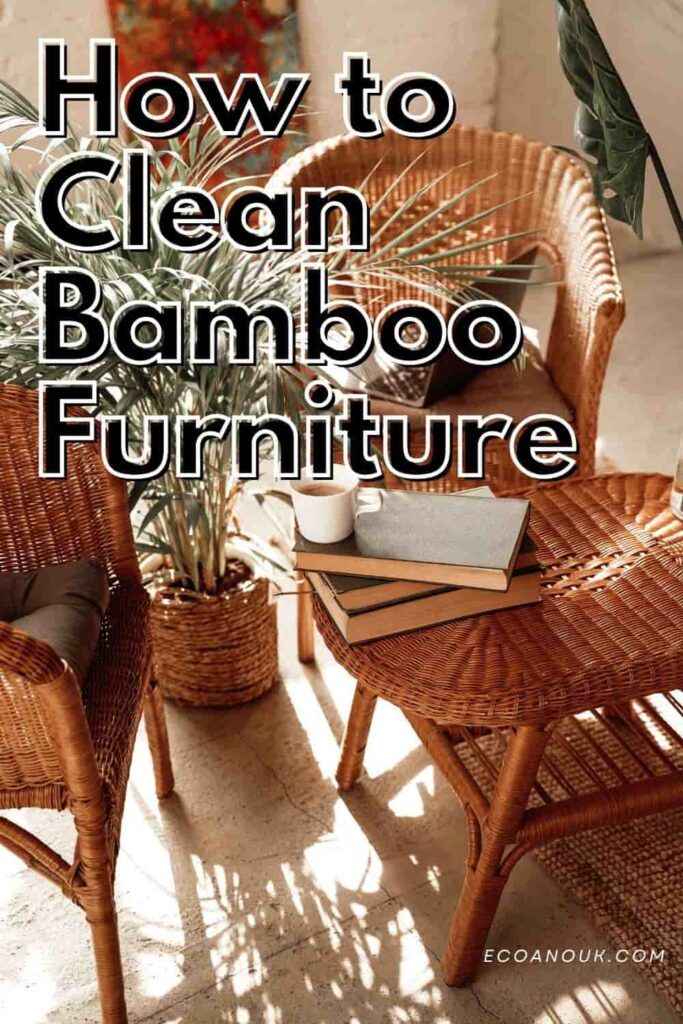 the words how to clean bamboo furniture are in front of a wicker chair and potted plant