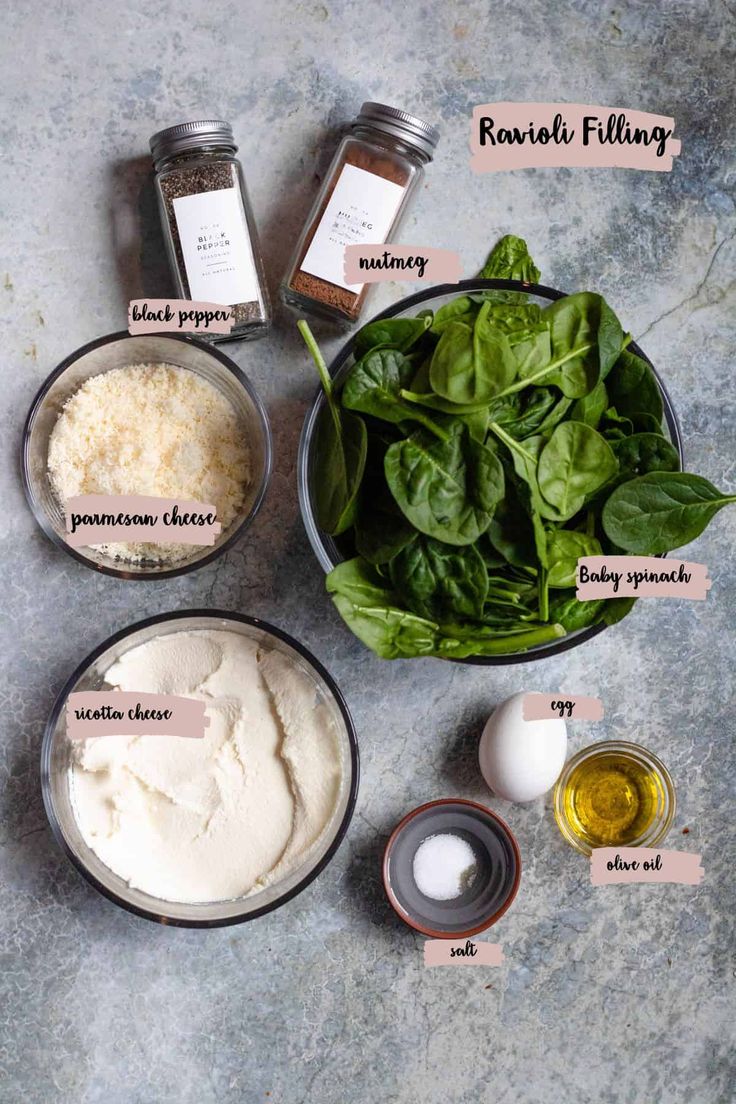 ingredients to make spinach bread laid out on a table with labels labeled in english