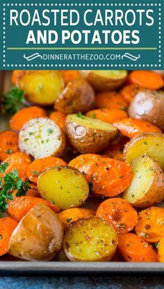 roasted carrots and potatoes in a pan with parsley on the side, text overlay