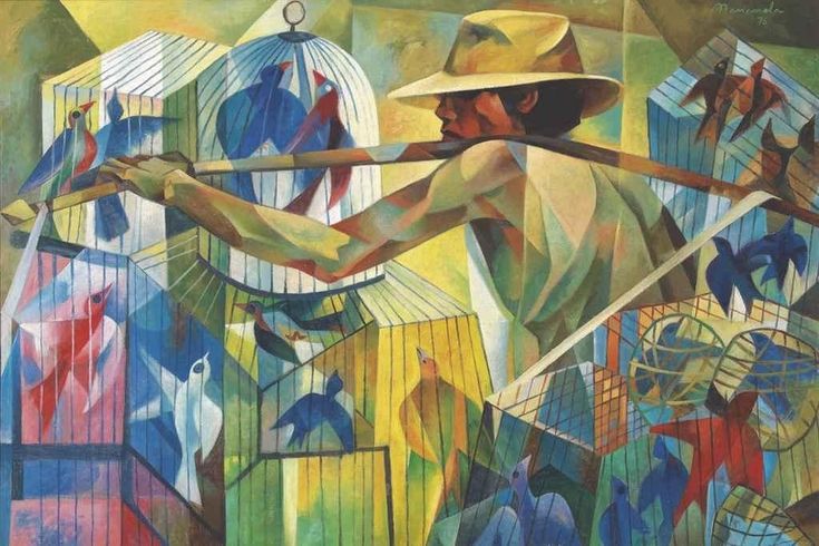 a painting of a man holding a baseball bat in front of a caged area