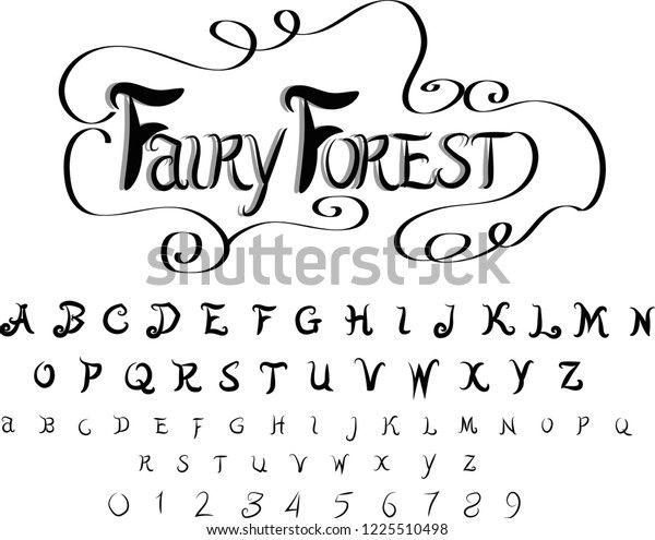 the font and numbers for fairy forest, handwritten in black ink on a white background