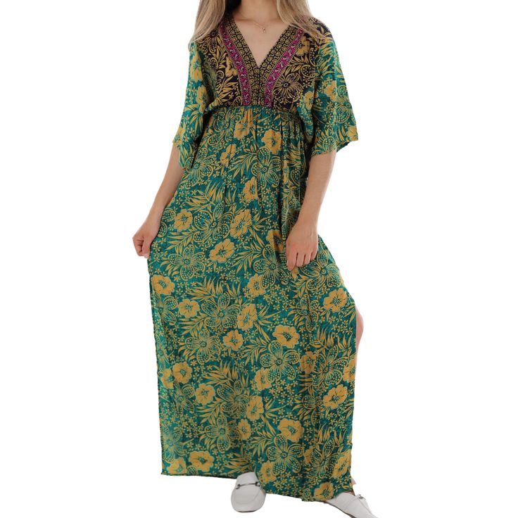 La Fiorentina Floral Flowy "Viola" Long/Maxi Dress With Mid Length Sleeves - Available In - Xs - S - M - L - Xl - Fabrication: 10/90 Silk And Polyester Green Floral Print Maxi Kaftan, Green Flowy Short Sleeve Kaftan, Green Floral Print Boho Dress, Green Floral Print Festival Dress, Green Flowy Kaftan With Short Sleeves, Green Floral Print Dress For Festival, Gold V-neck Dress With Floral Print, Yellow Floral Print Boho Summer Dress, Yellow Boho Dress With Floral Print For Vacation