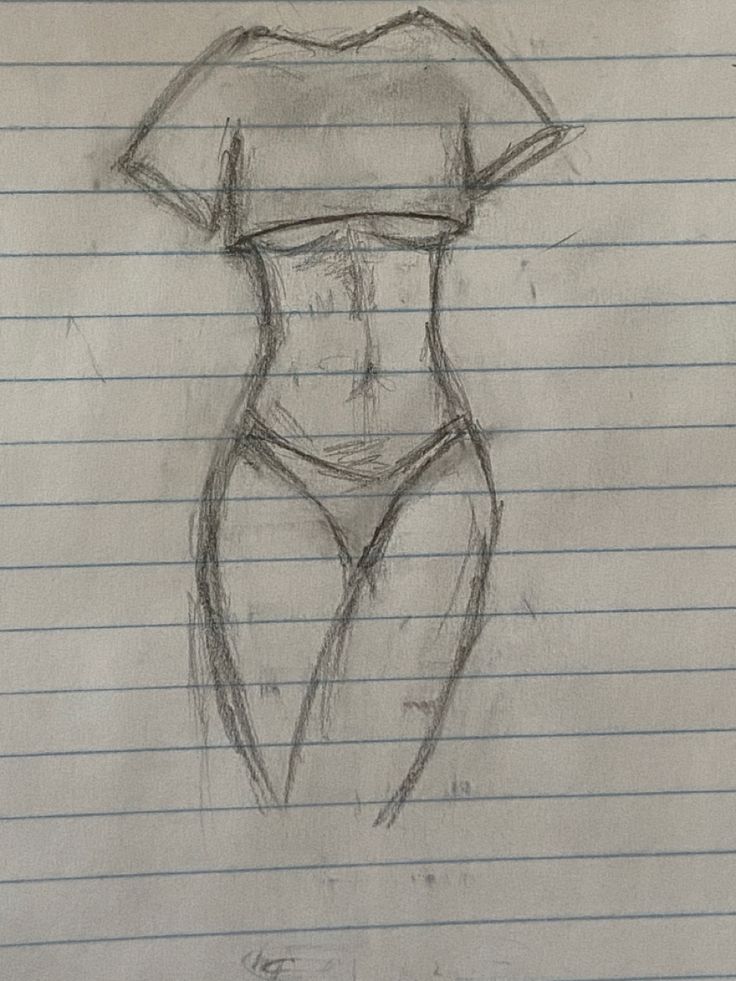 a pencil drawing of a woman's torso and shirt on lined notebook paper with lines